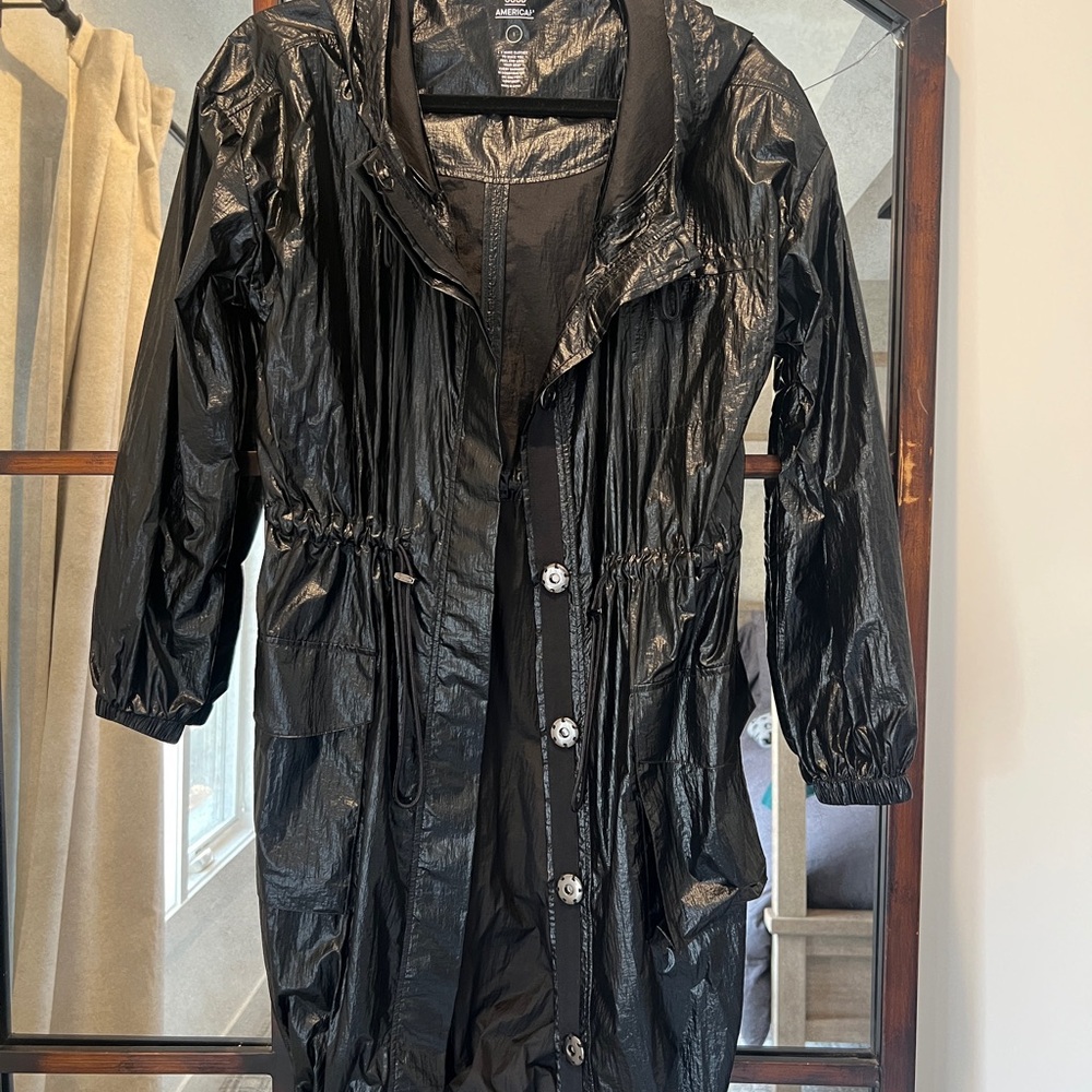 Good American Glossy Black Nylon Raincoat